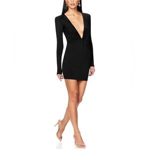 Nookie Legacy Mini Dress – Black, Deep V-Neck, Long Sleeve, Ruched Waist, Size 8